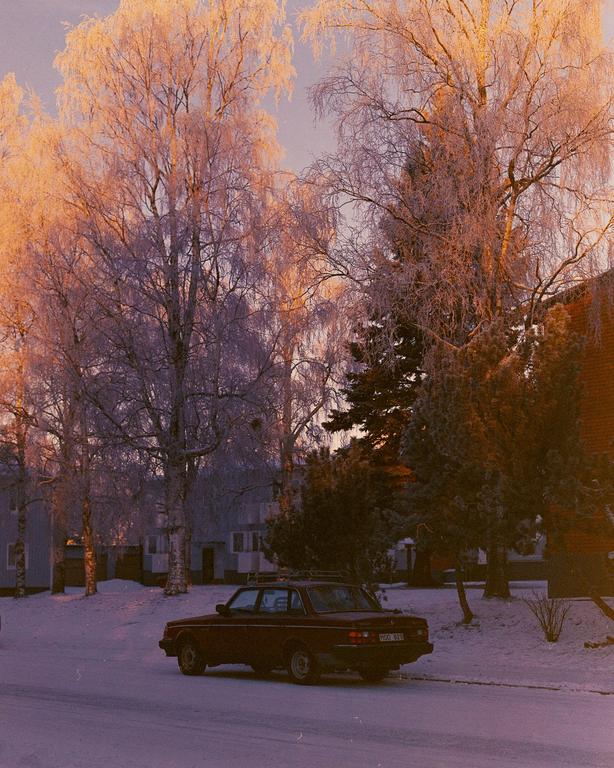 A red car is parked on a snow-covered street lined with frost-covered trees and buildings.