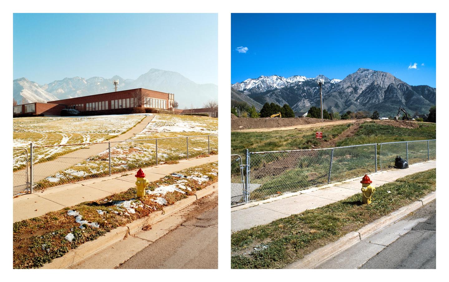 Two side-by-side images show a building and snowy mountains on the left, and a construction site with mountains on the right.