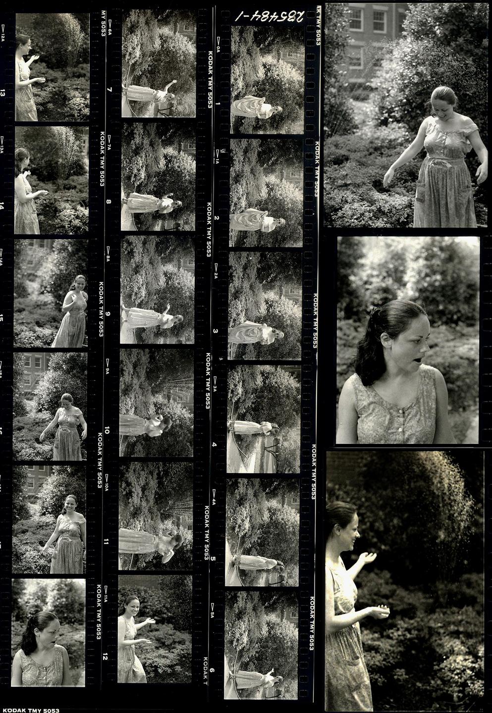 A woman in a dress stands in a garden with a building in the background, captured in a contact sheet and three larger prints.