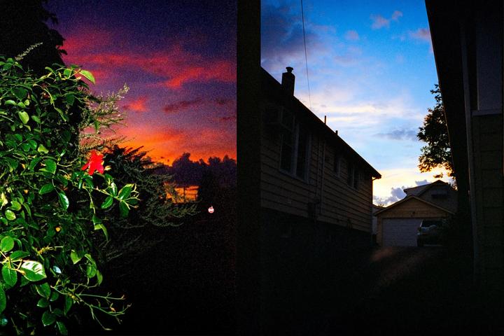 A diptych shows a vibrant sunset over a residential area with houses and trees.