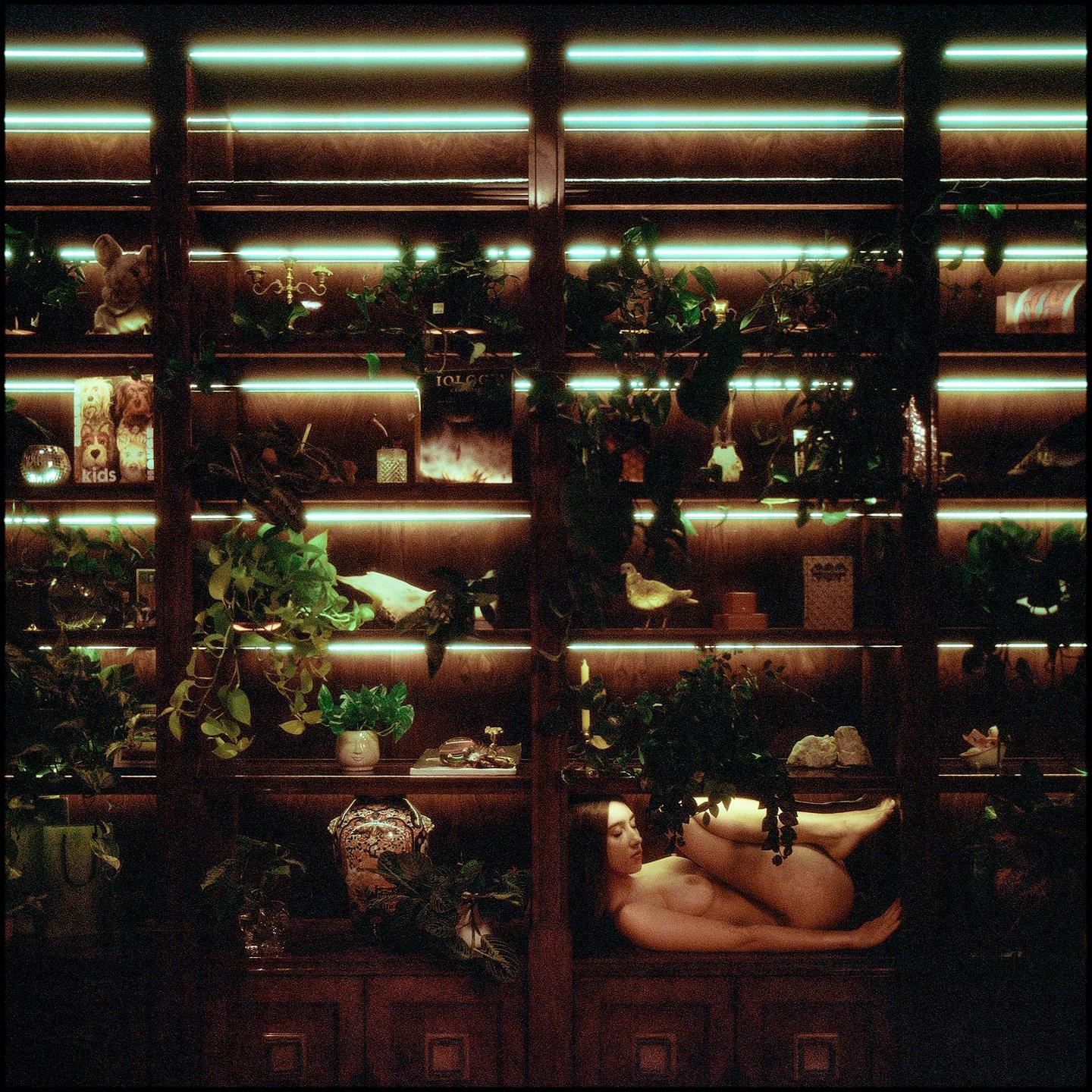 A nude woman reclines on a wooden bookcase filled with plants and various objects, illuminated by neon lights.
