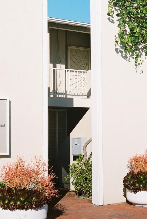 A narrow view of an apartment building entrance with plants in white pots and a balcony.