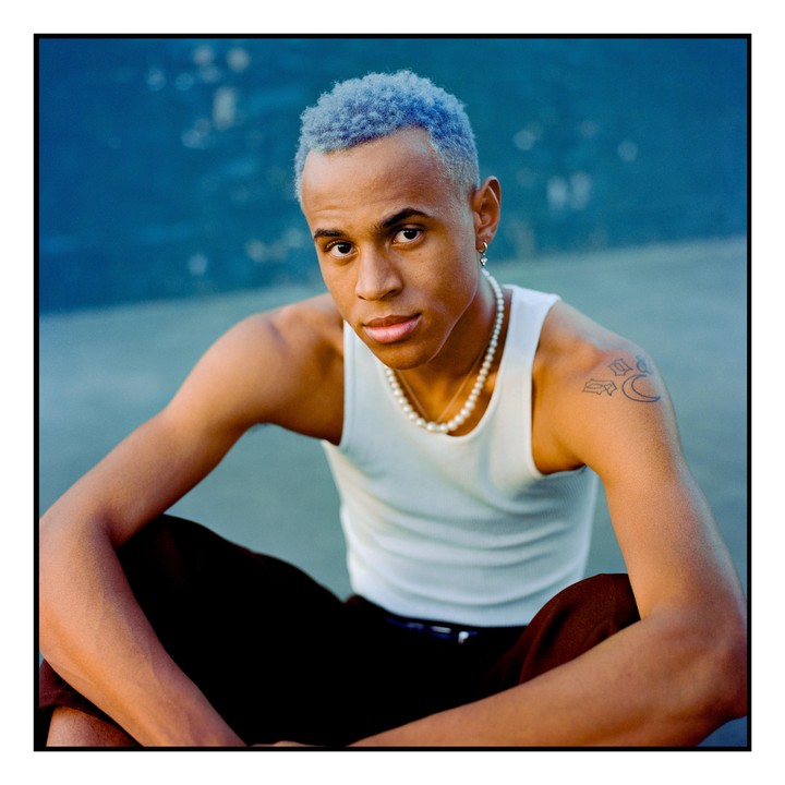 A man with blue hair and a pearl necklace sits looking at the viewer.