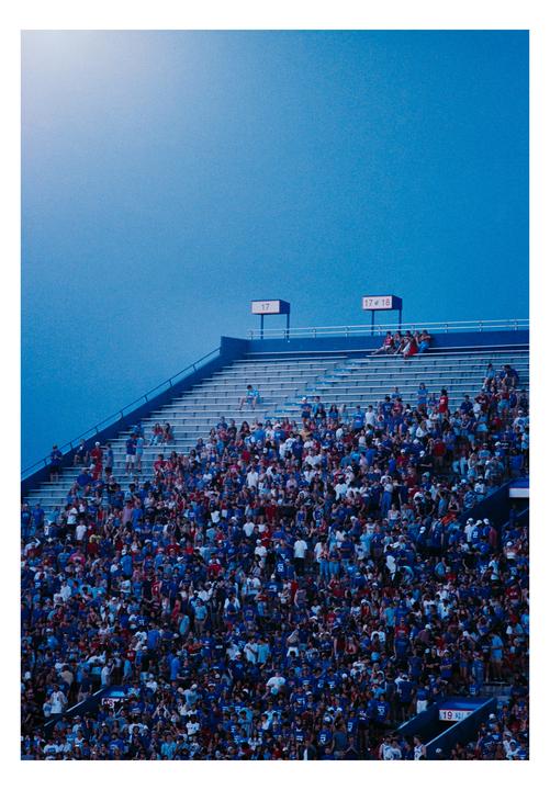 A large crowd of people are seated in a stadium under a bright blue sky.