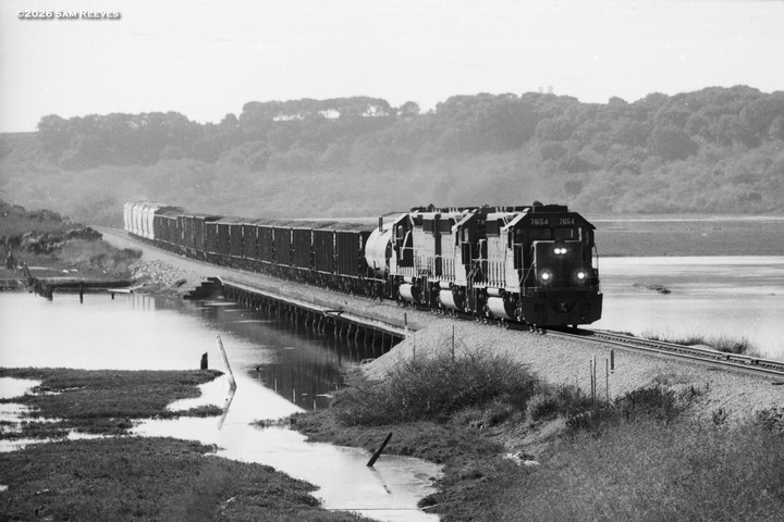 A long train with two engines crosses a body of water on a raised track next to a marsh.