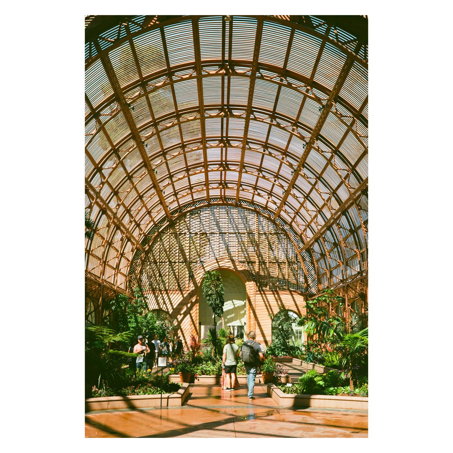 People walk through a large conservatory with a vaulted glass and metal ceiling, surrounded by lush plants.