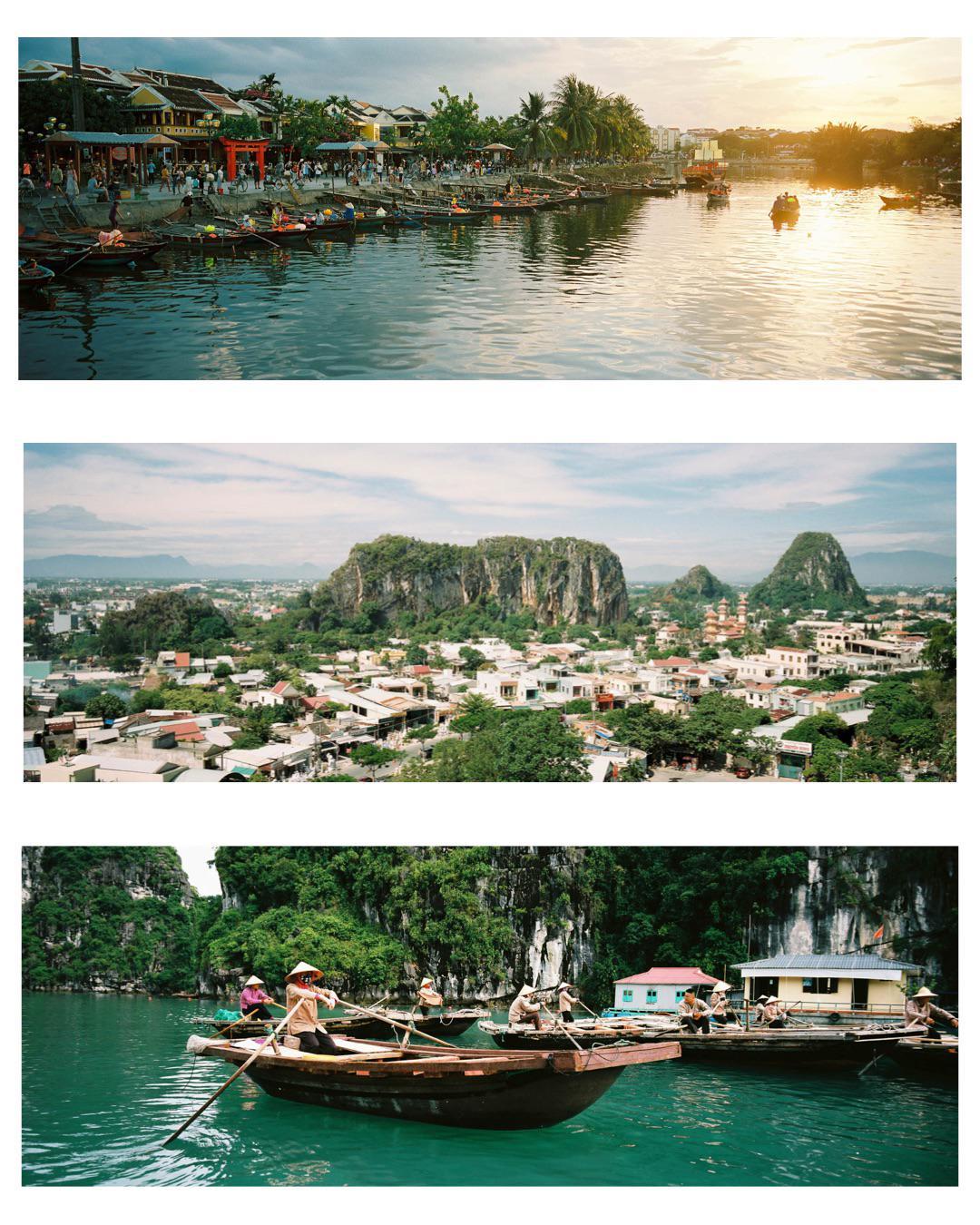 Three photographs show a river with boats and buildings, a town with mountains, and people in boats on water.