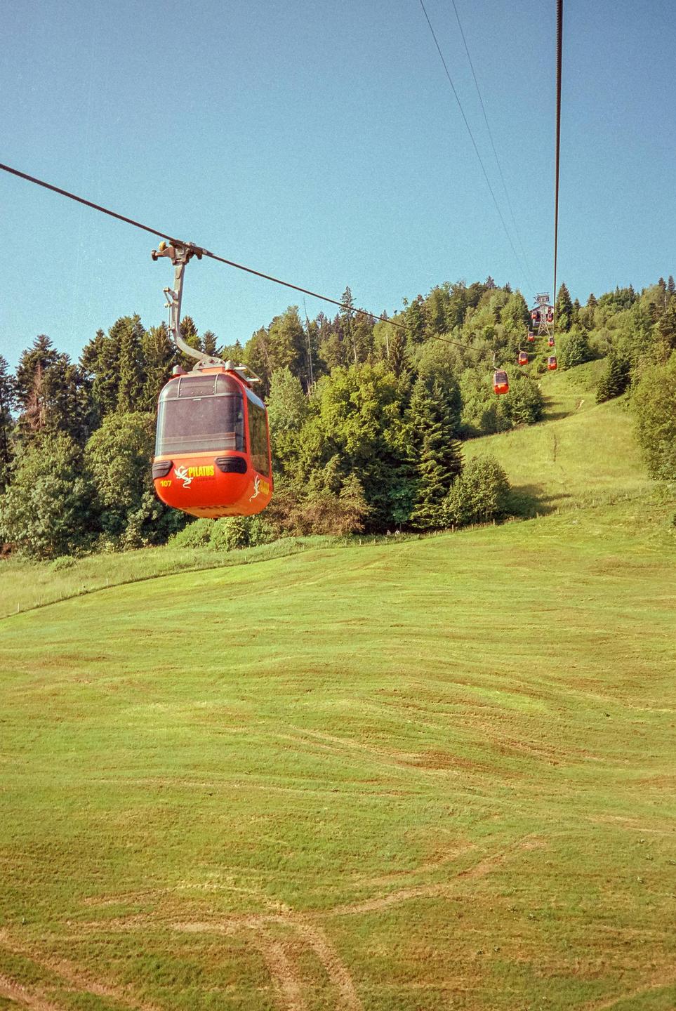 A red gondola travels up a grassy mountain with a forest in the background.