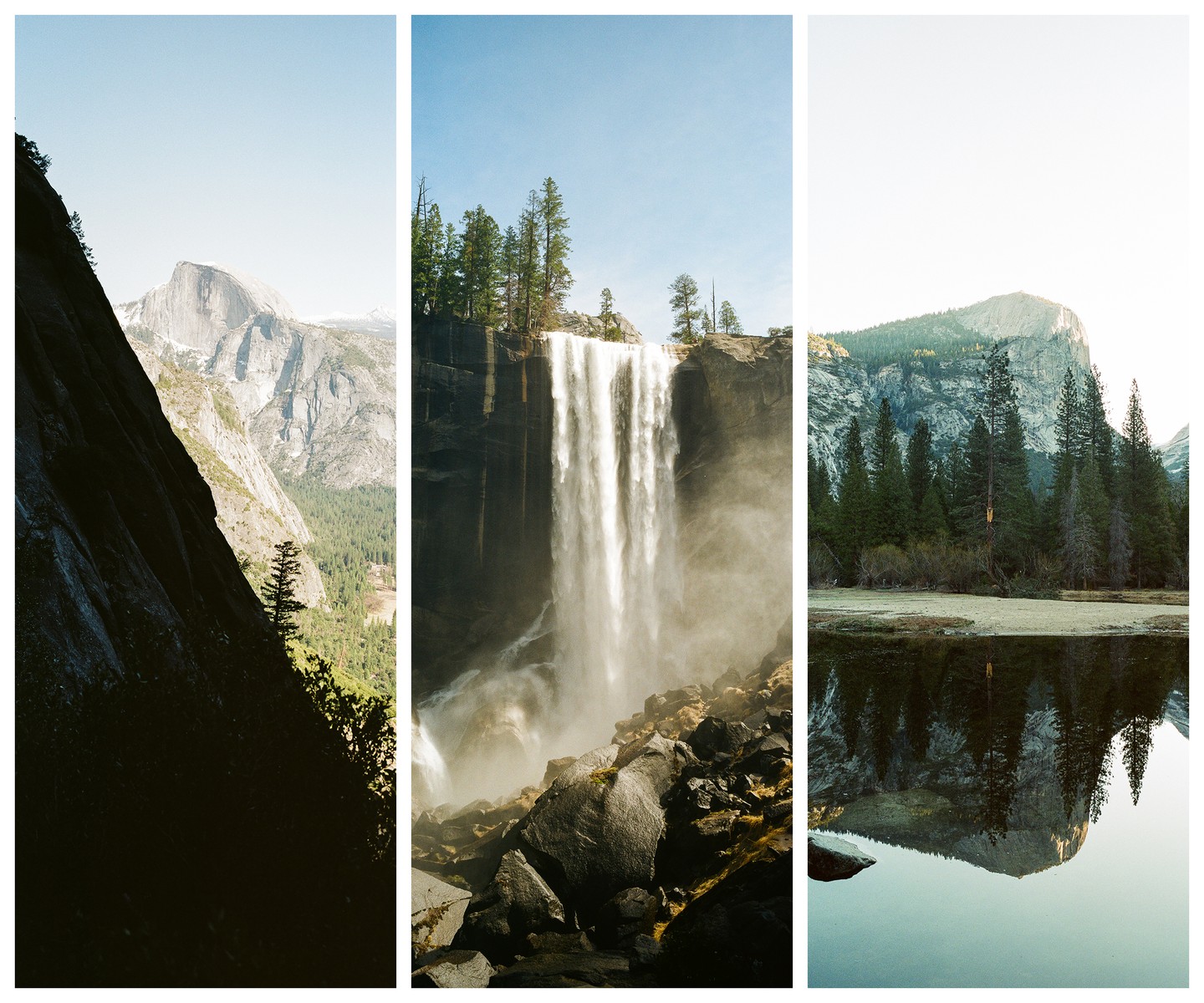 Three vertical images show a mountain, a waterfall, and a lake reflecting a mountain.