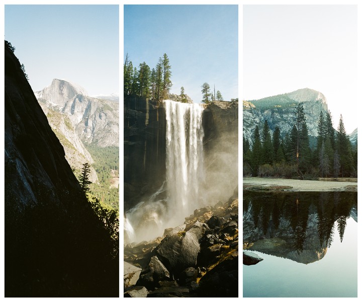 Three vertical images show a mountain, a waterfall, and a lake reflecting a mountain.