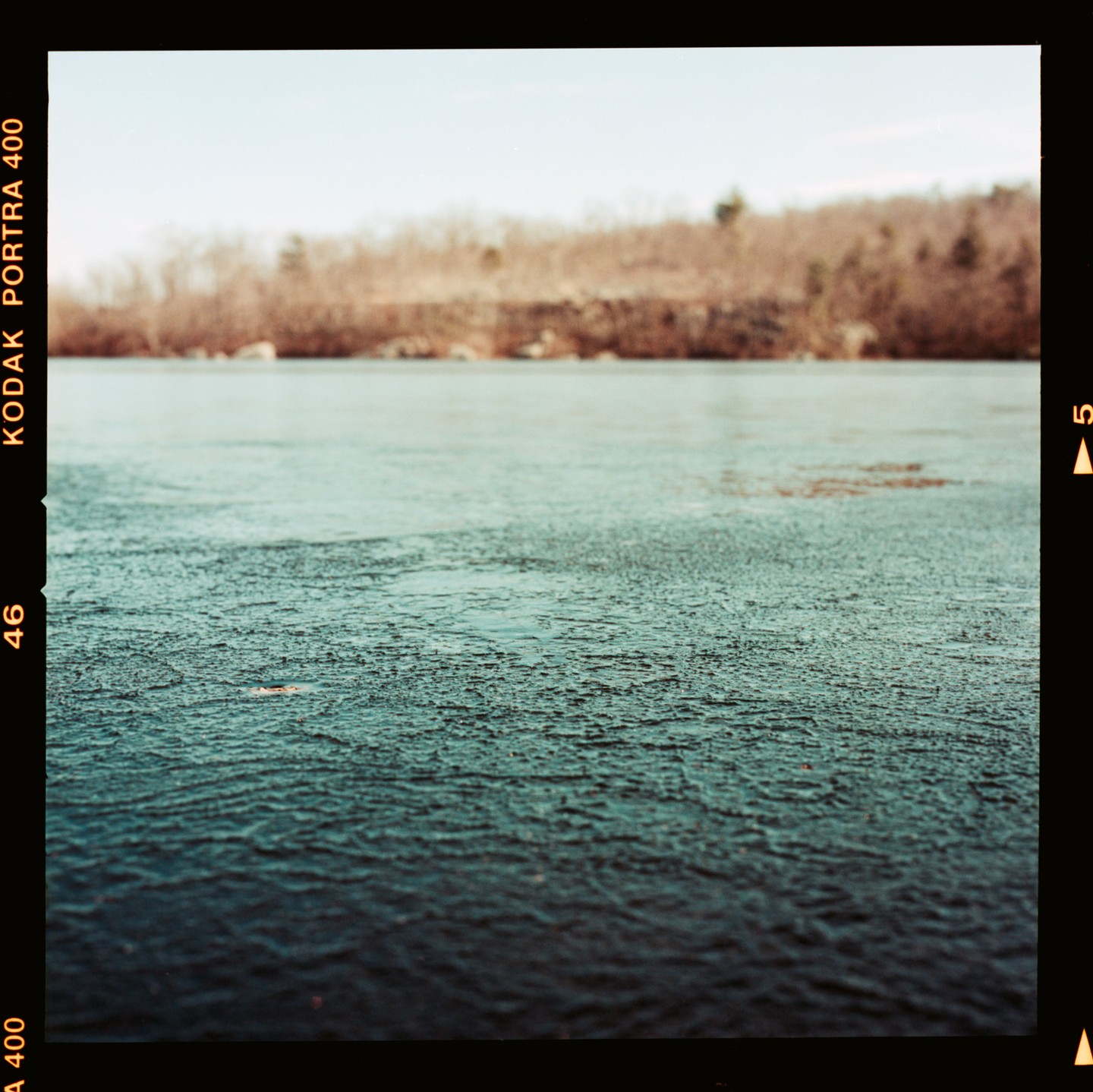 A body of water with a textured surface, possibly ice, stretches towards a distant treeline under a clear sky.