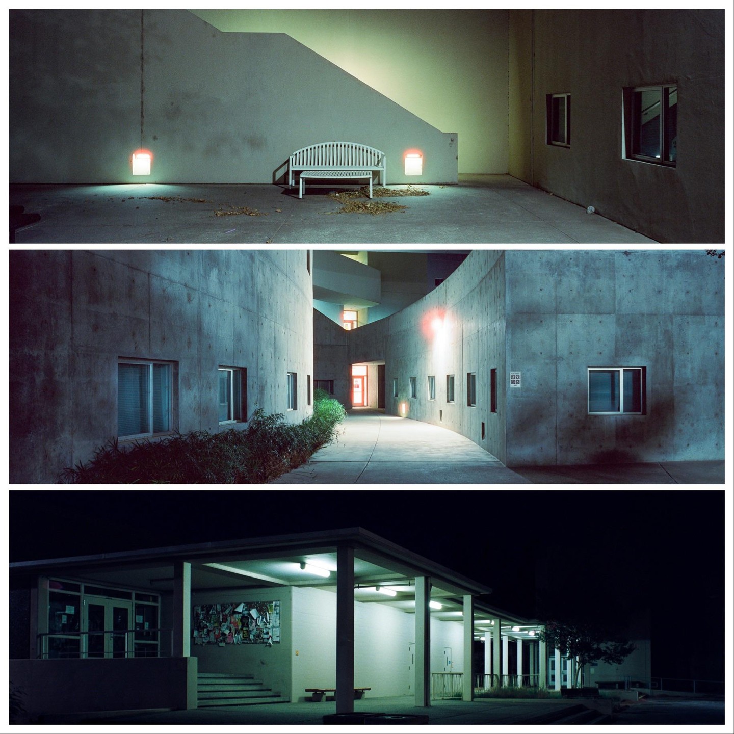 Three horizontal images show different parts of a building at night, illuminated by artificial light.