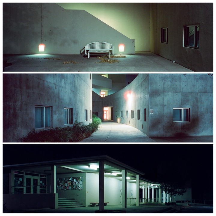 Three horizontal images show different parts of a building at night, illuminated by artificial light.
