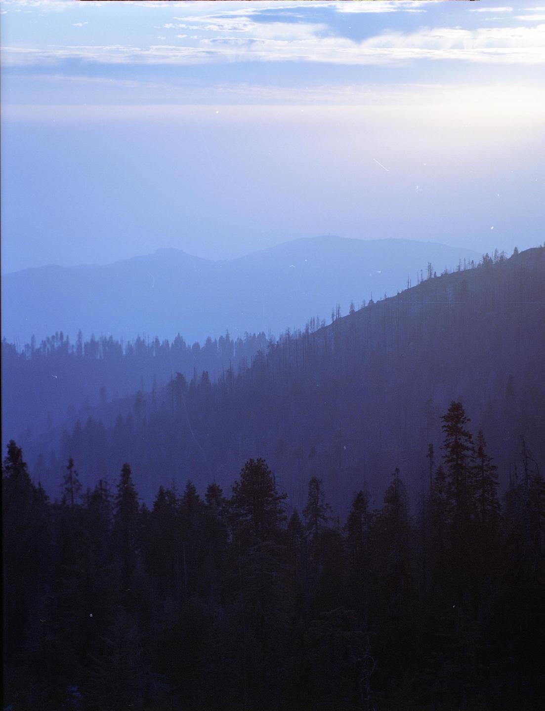 A hazy blue mountain landscape shows layers of forest and hills under a bright sky.