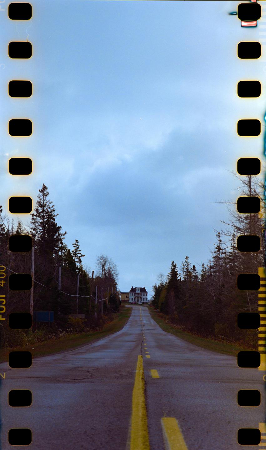 A long road leads up a hill towards a large house surrounded by trees under a cloudy sky.