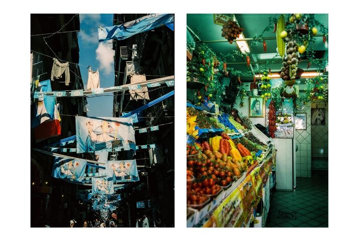 Two images are presented side-by-side, one showing a street decorated with flags and laundry hanging overhead, and the other showing a vibrant produce stall.