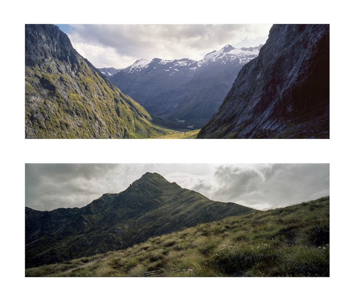 Two panoramic landscape photographs show mountain ranges under cloudy skies, with the top image featuring a valley leading to snow-capped peaks and the bottom image showing a grassy slope ascending to a sharp mountain peak.
