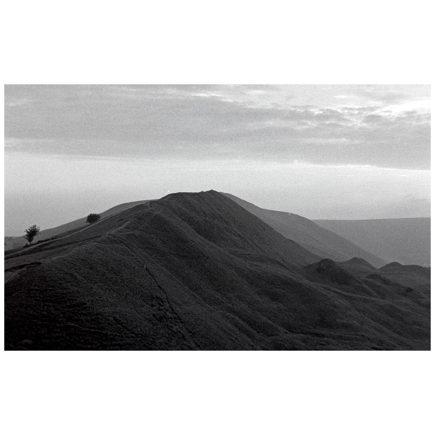 A dramatic black and white landscape shows a mountain ridge with a few trees under a cloudy sky.