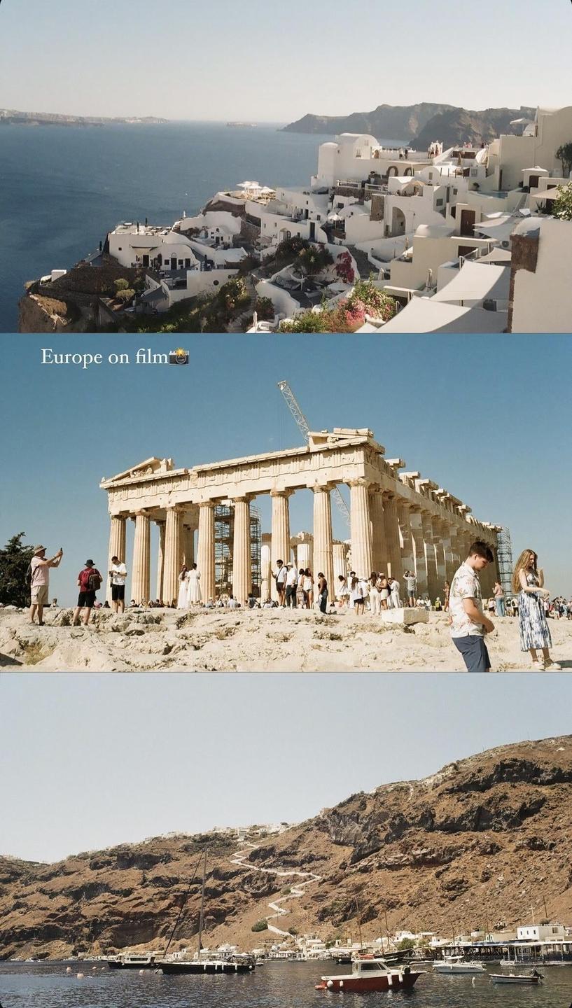 Three images show a village on a cliff overlooking the sea, the Parthenon with many people, and a bay with boats and a winding path up a hill.