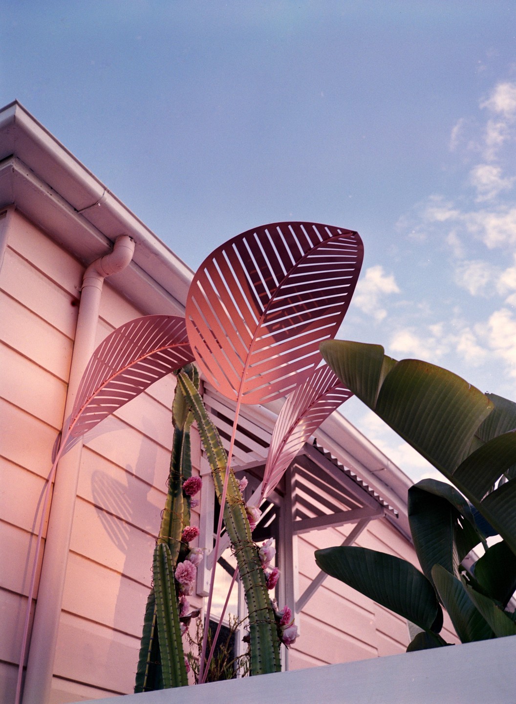A house with pink siding is adorned with large metal leaves, cacti, and tropical plants under a blue sky.