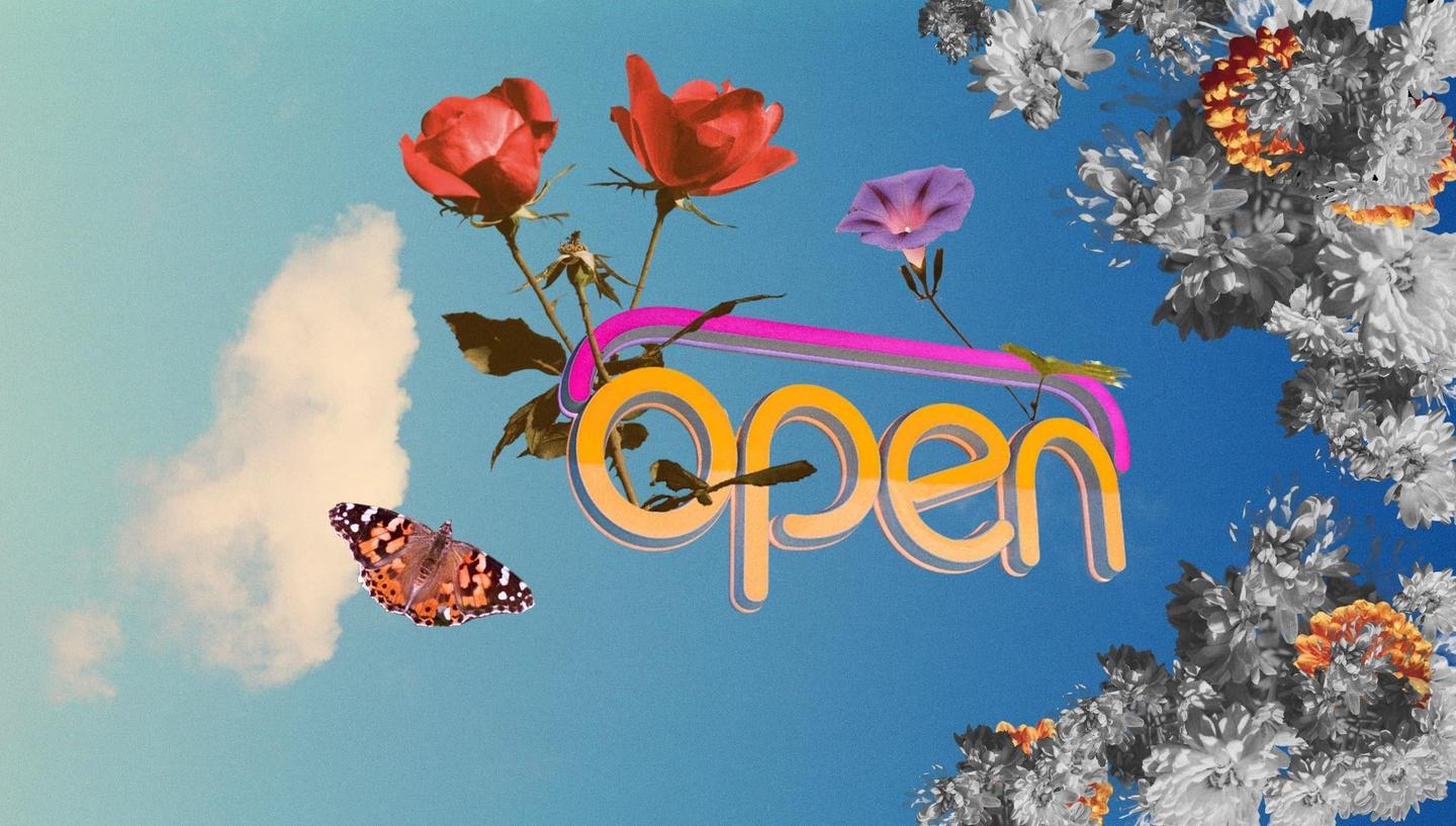 The word "open" is depicted in orange letters with a pink neon border, surrounded by flowers and a butterfly against a blue sky with a white cloud.