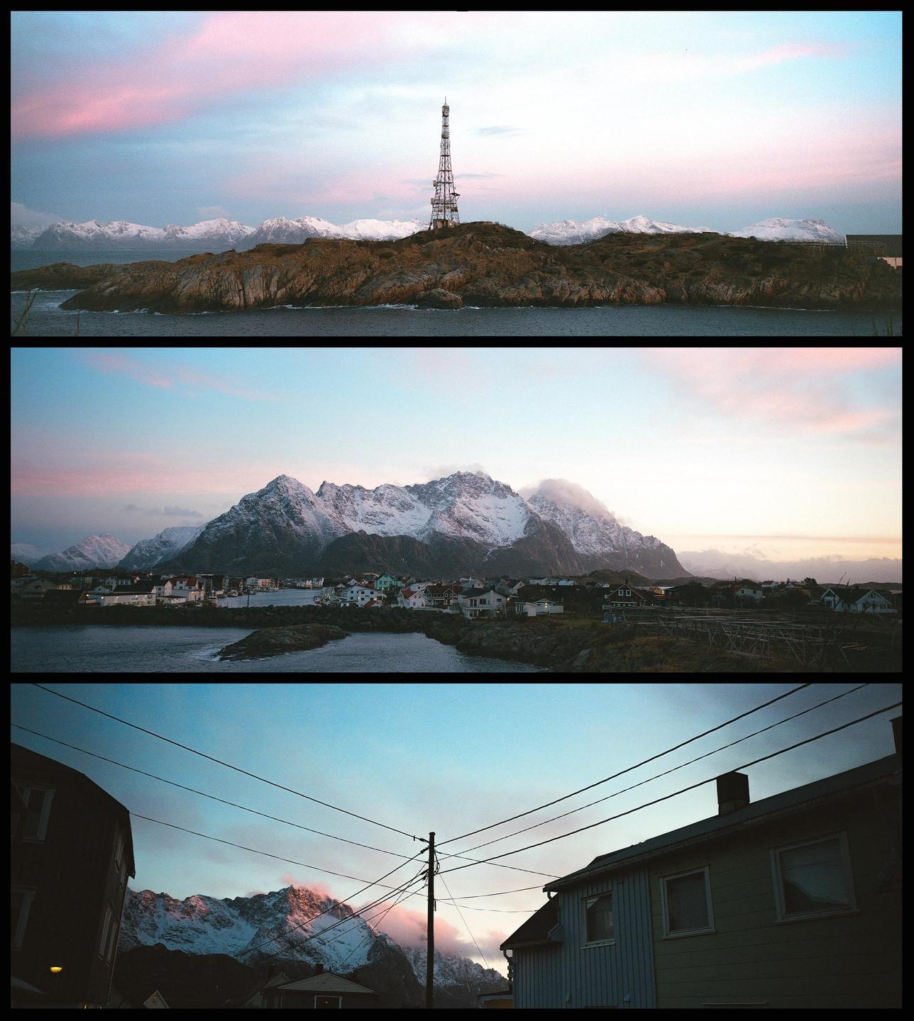 Three panoramic images show a mountainous coastal landscape with a town and a communication tower under a colorful dawn sky.