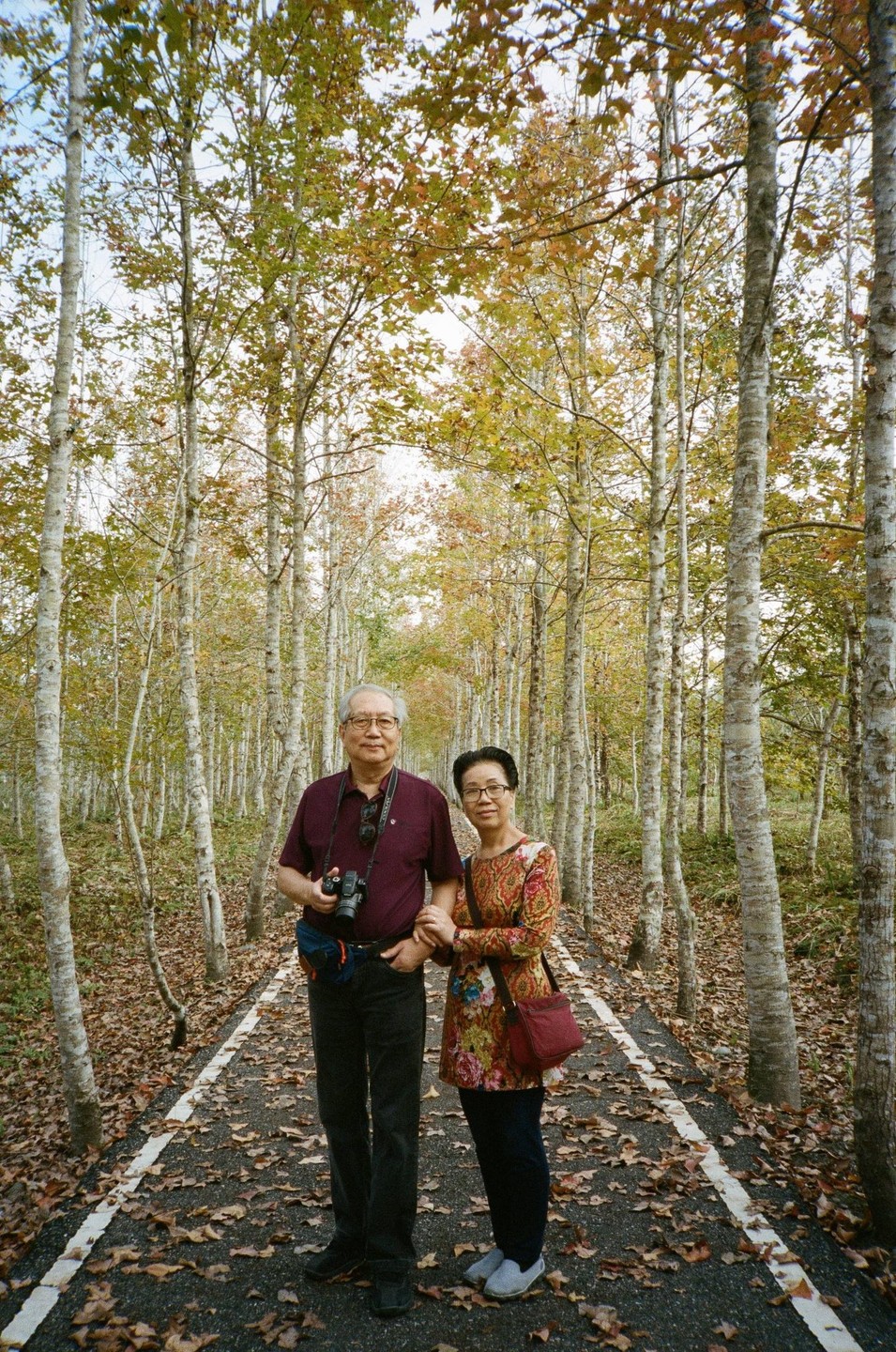 A couple stands on a path covered in autumn leaves, surrounded by tall, slender trees.