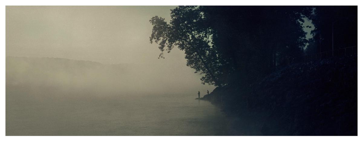 Two people fish from the bank of a misty lake beneath a large tree.