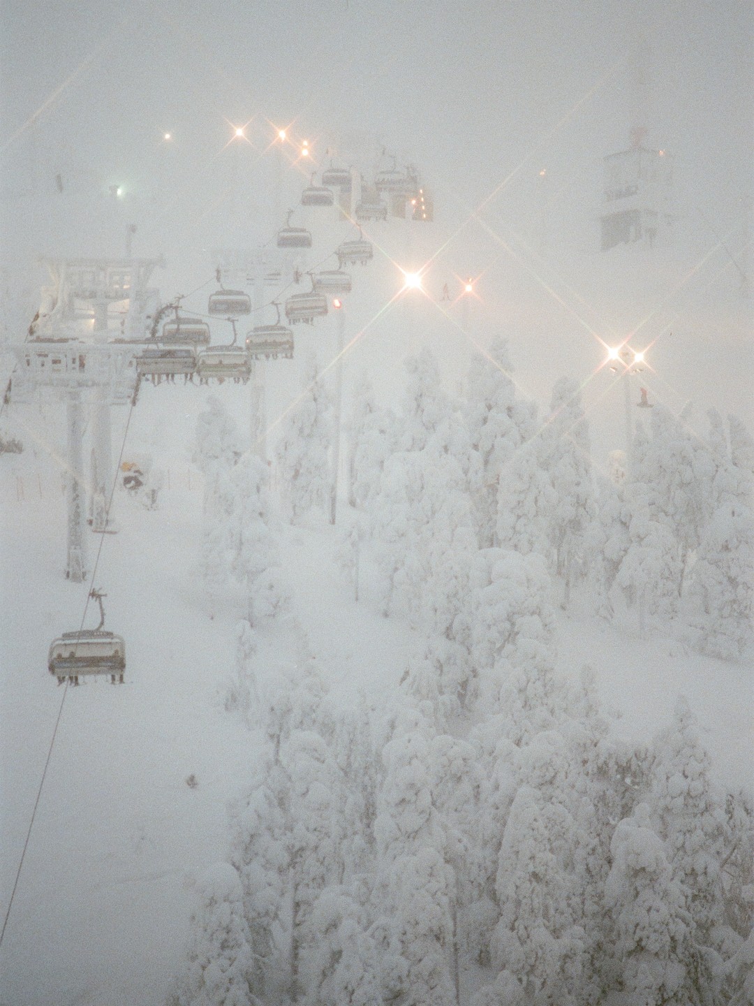 A ski lift carries people over snow-covered trees on a foggy winter day.