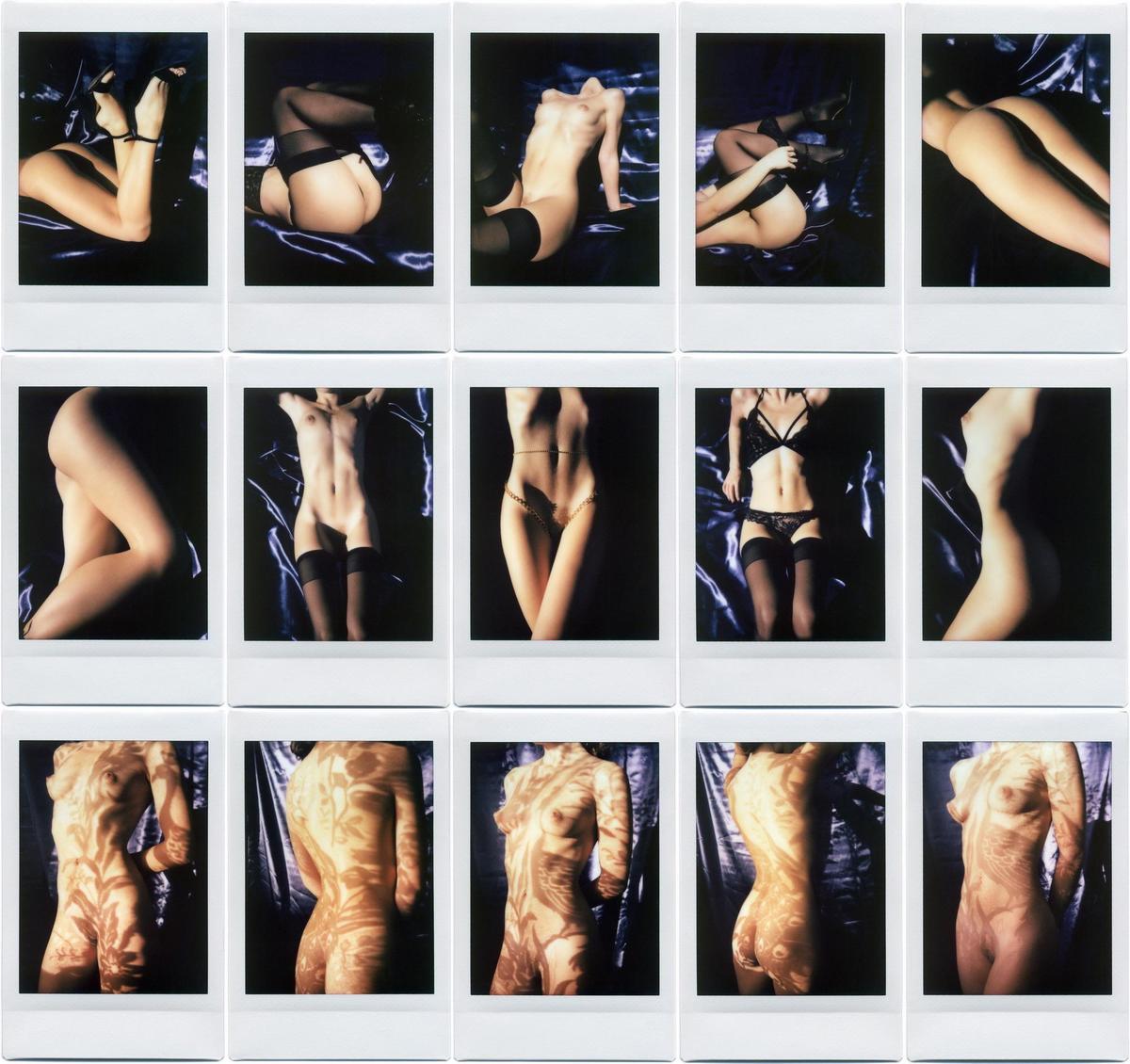 A grid of fifteen instant film prints shows a woman posing in various states of undress, some with projected patterns on her body.