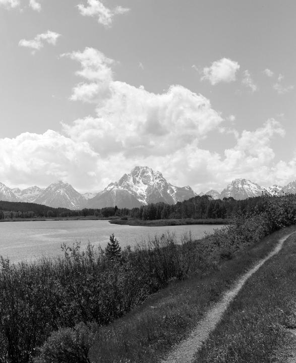 A dirt path leads through tall grass and bushes towards a lake with snow-capped mountains in the background under a cloudy sky.