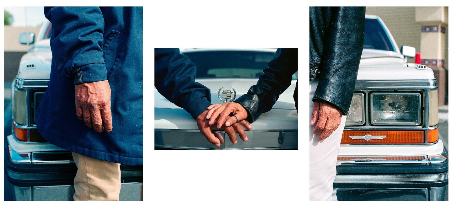 Three images show a man in a blue jacket and a man in a black leather jacket standing next to a white car, with their hands touching in the middle image.