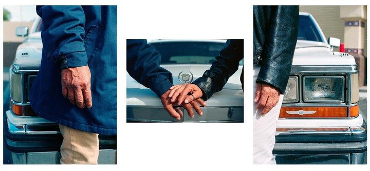 Three images show a man in a blue jacket and a man in a black leather jacket standing next to a white car, with their hands touching in the middle image.