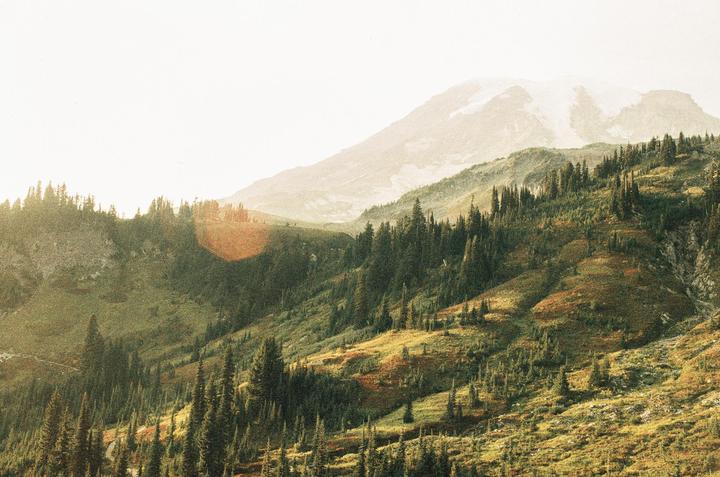A mountain with a snow-capped peak rises above a valley filled with evergreen trees and grassy slopes.