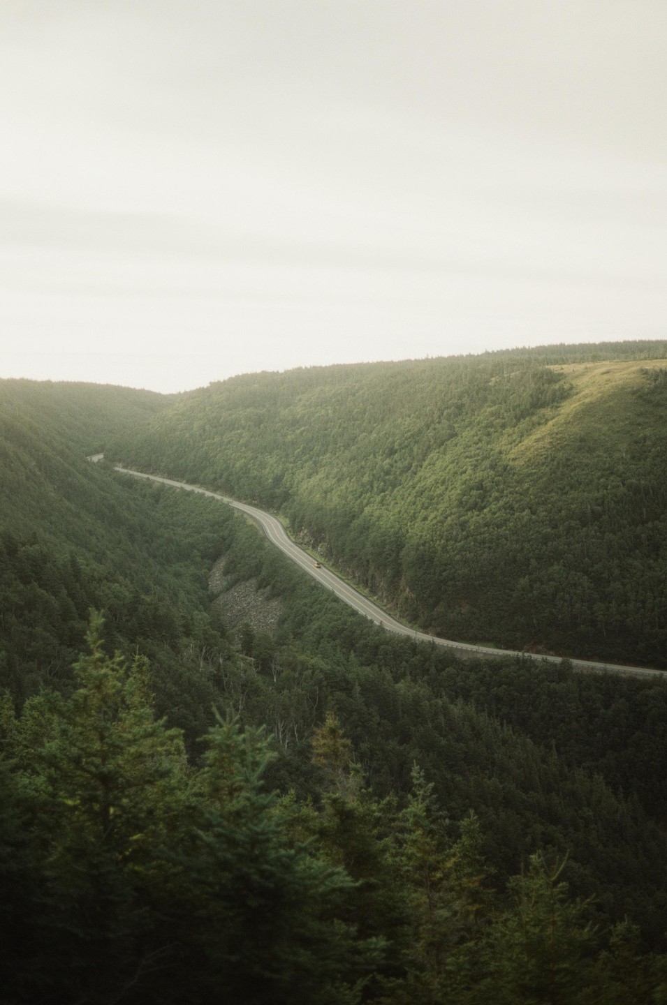 A winding road cuts through a lush, green valley under a bright sky.