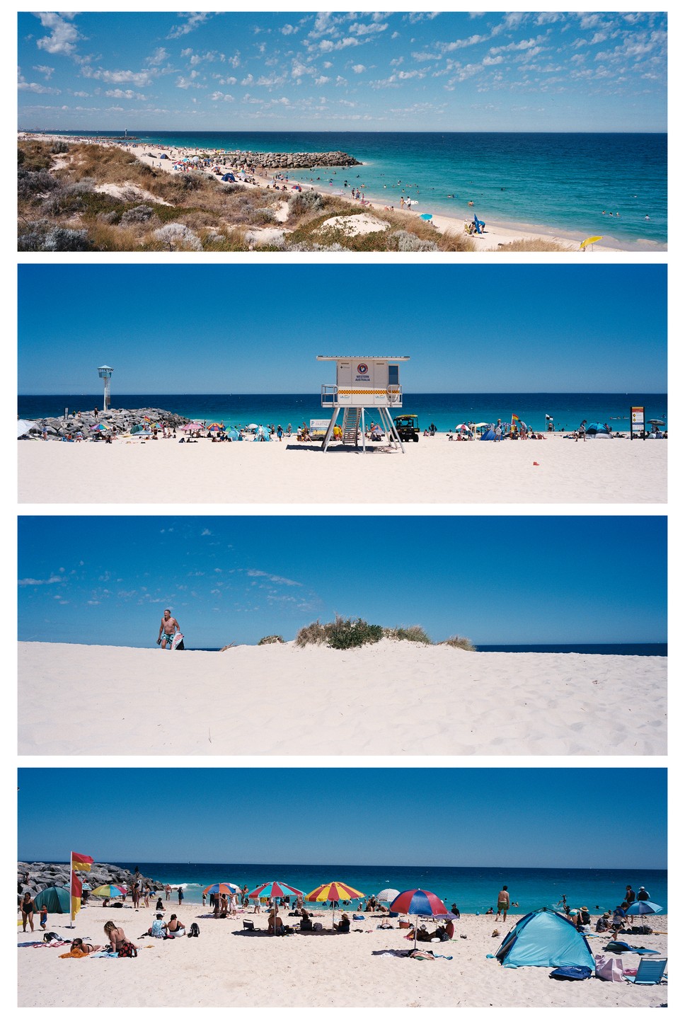 Four horizontal frames show different scenes of a crowded beach with blue water and sky.