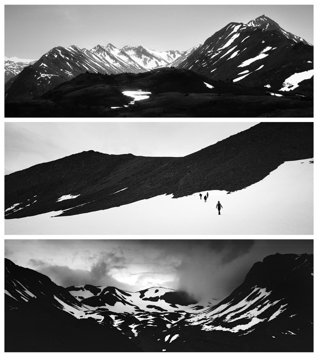 Three images show snowy mountains, with the middle image featuring three hikers walking through a snowy valley.