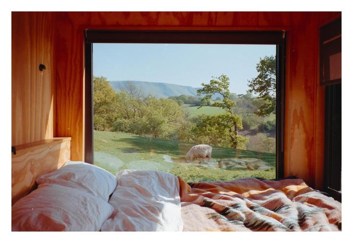 A sheep grazes in a green field visible through a large window next to a bed with white bedding and a patterned blanket.