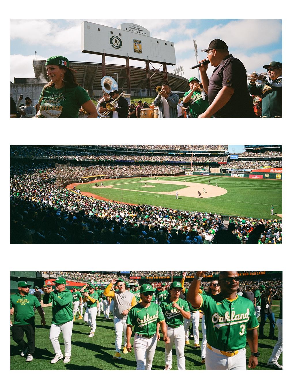 A three-panel image shows fans and musicians outside a baseball stadium, a wide view of a baseball game in progress, and baseball players walking on the field.