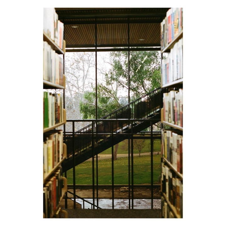 A library interior shows bookshelves flanking a large window that looks out onto a grassy area with trees and an exterior staircase.