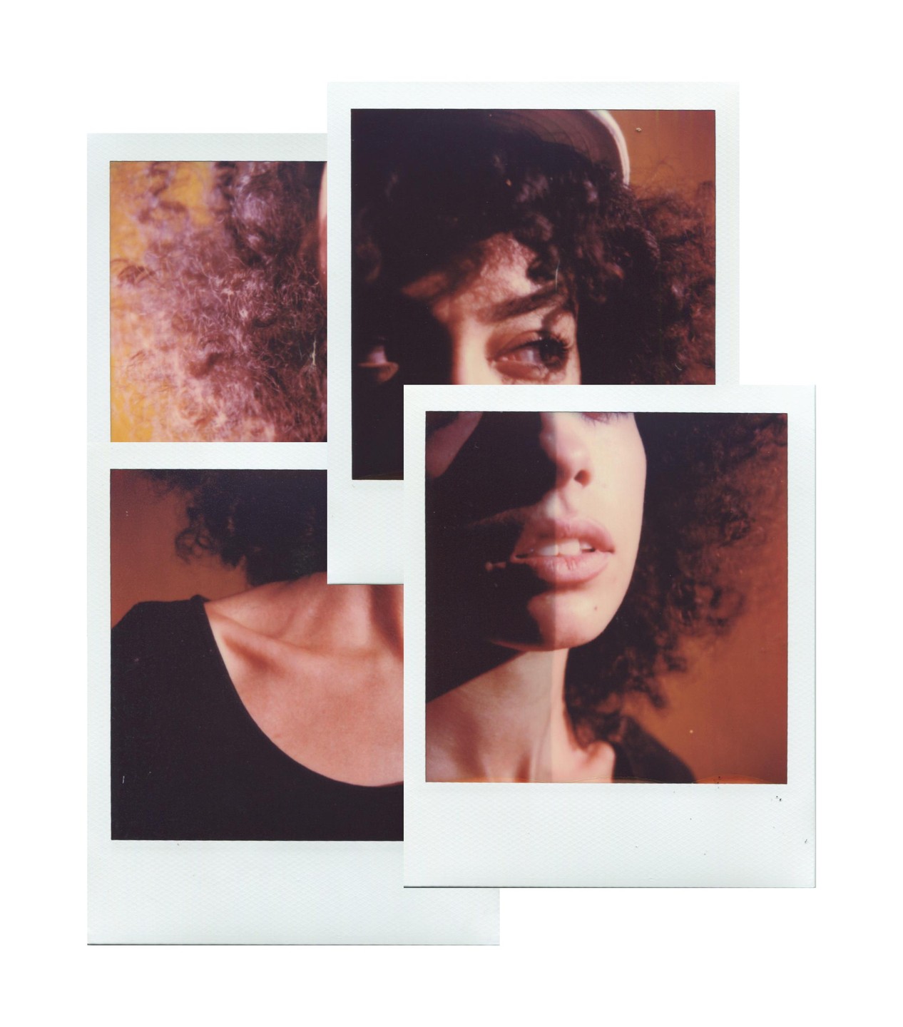 Four instant film prints are arranged to show different parts of a woman's face and neck.