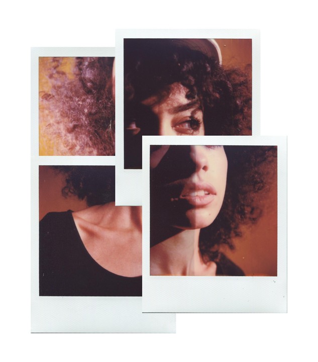 Four instant film prints are arranged to show different parts of a woman's face and neck.