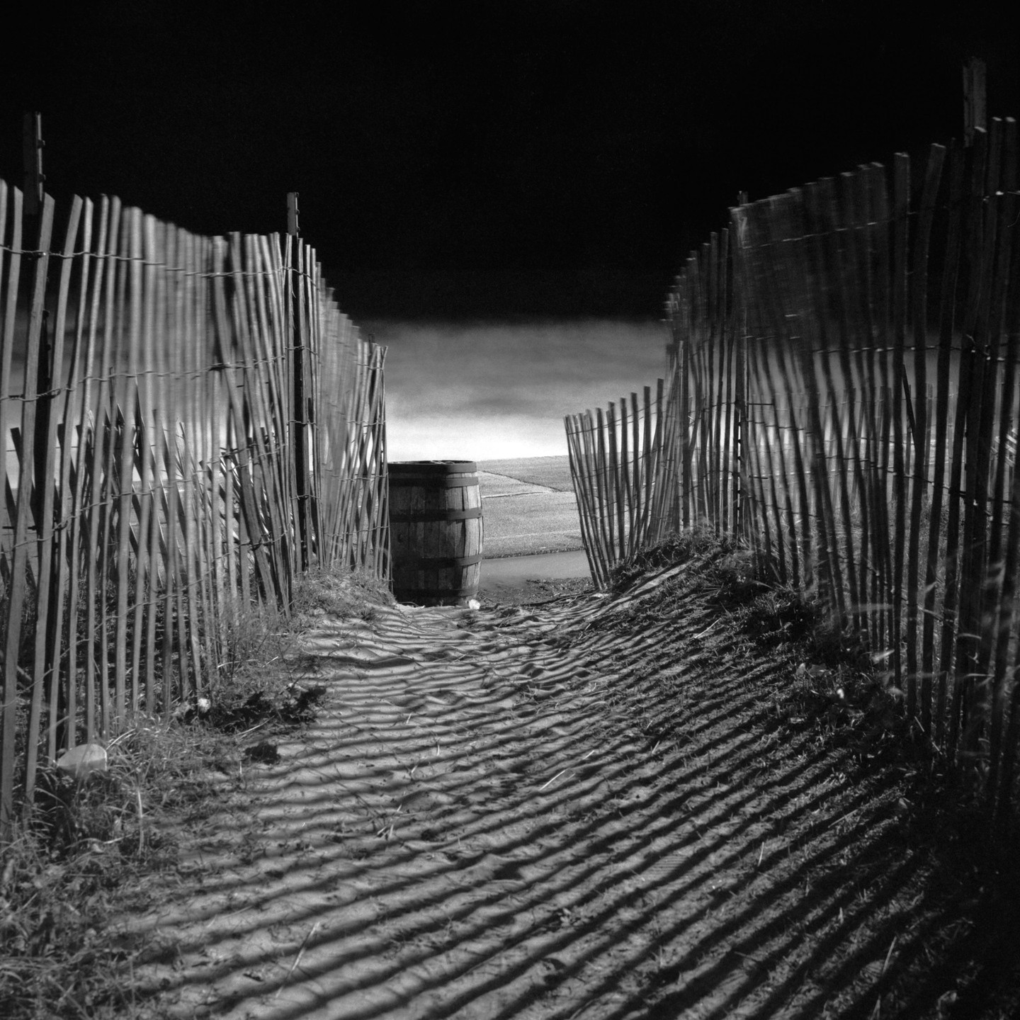 A wooden barrel stands at the end of a sandy path lined with fences, leading to a beach under a dark sky.