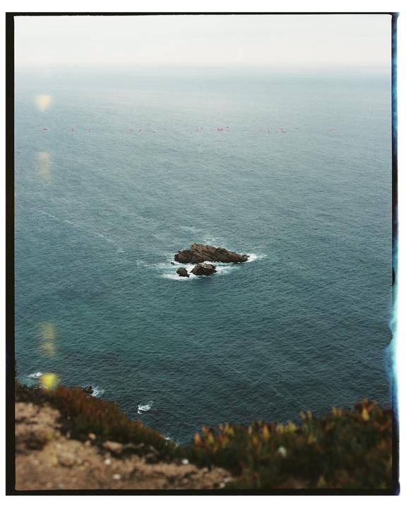 A rocky islet is visible in the ocean from a high vantage point with some vegetation in the foreground.