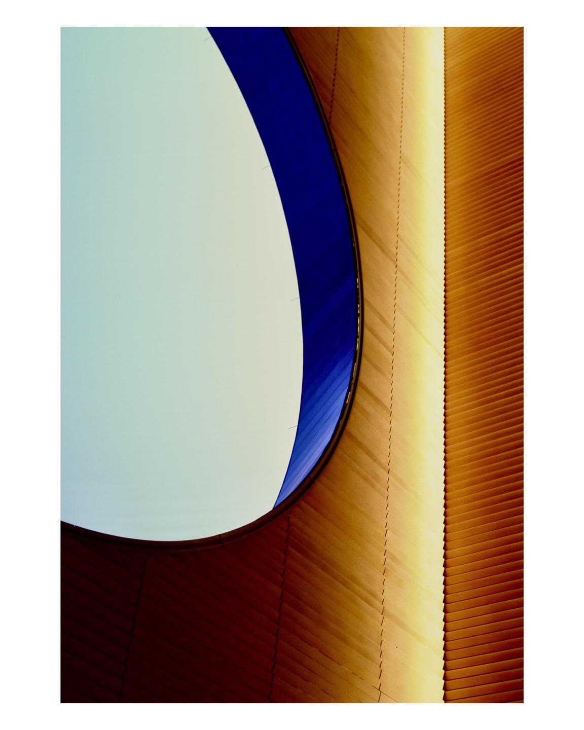 A curved blue and brown structure is visible against a light blue sky.