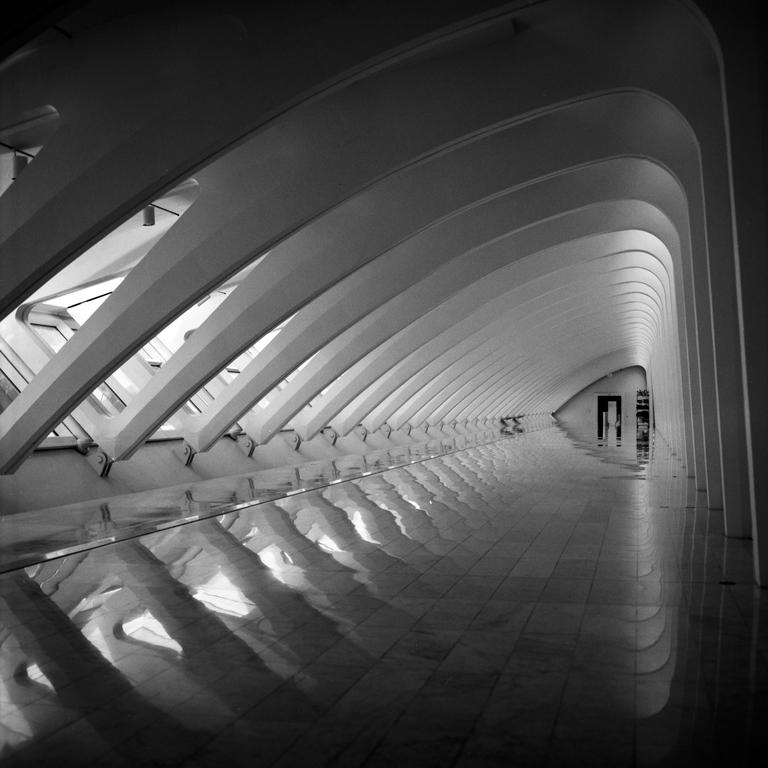 A long, narrow, modern hallway with a vaulted ceiling and reflective floor leads to a dark doorway.
