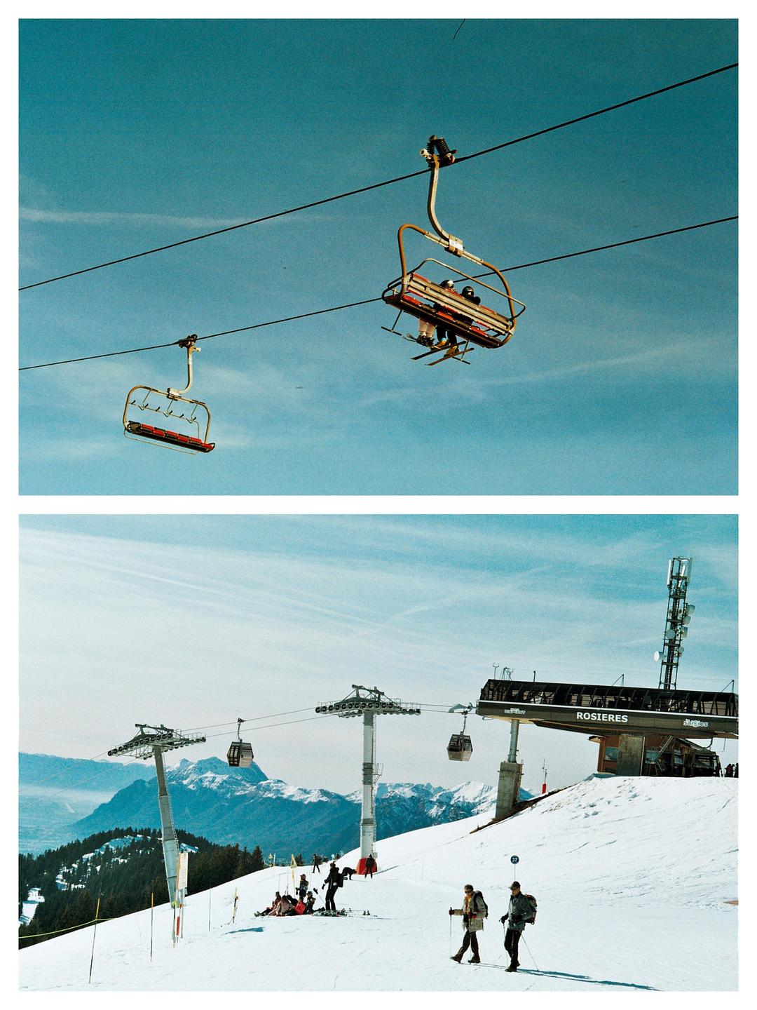 A two-part image shows a ski lift against a blue sky and a snowy mountain landscape with skiers and gondolas.
