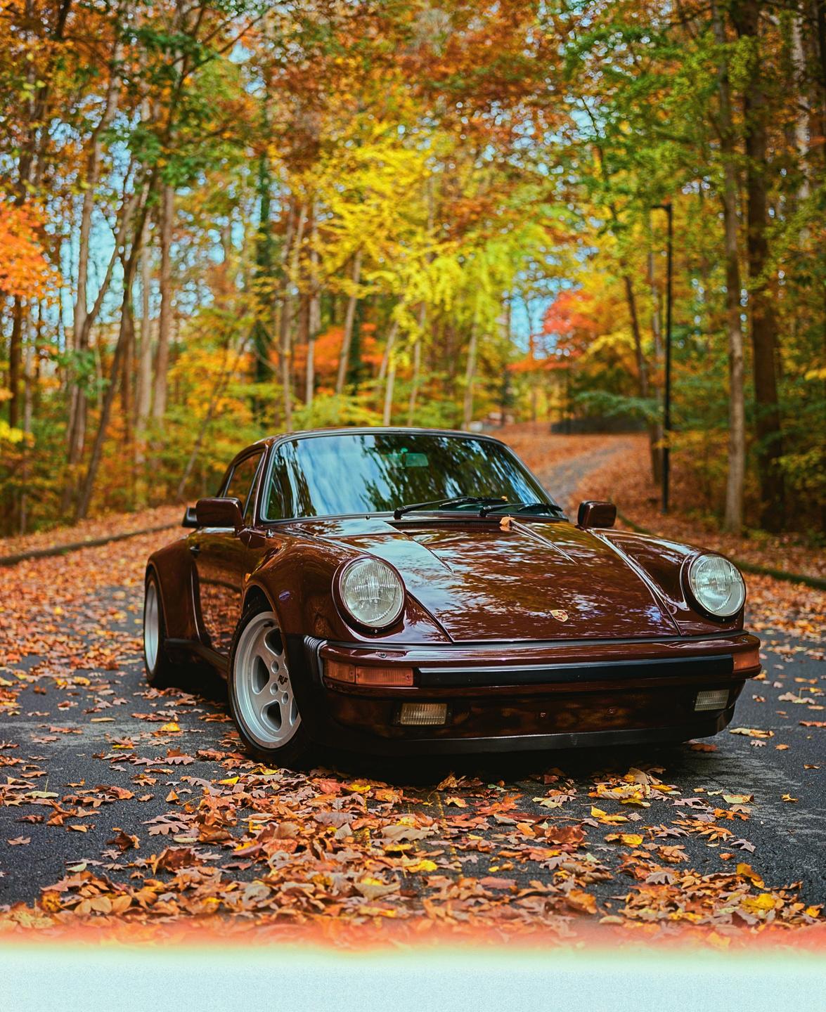 A brown vintage car is parked on an asphalt road covered with autumn leaves, surrounded by trees with colorful foliage.