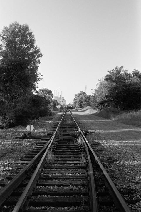 A set of railroad tracks leads to a factory in the distance, surrounded by trees and brush.