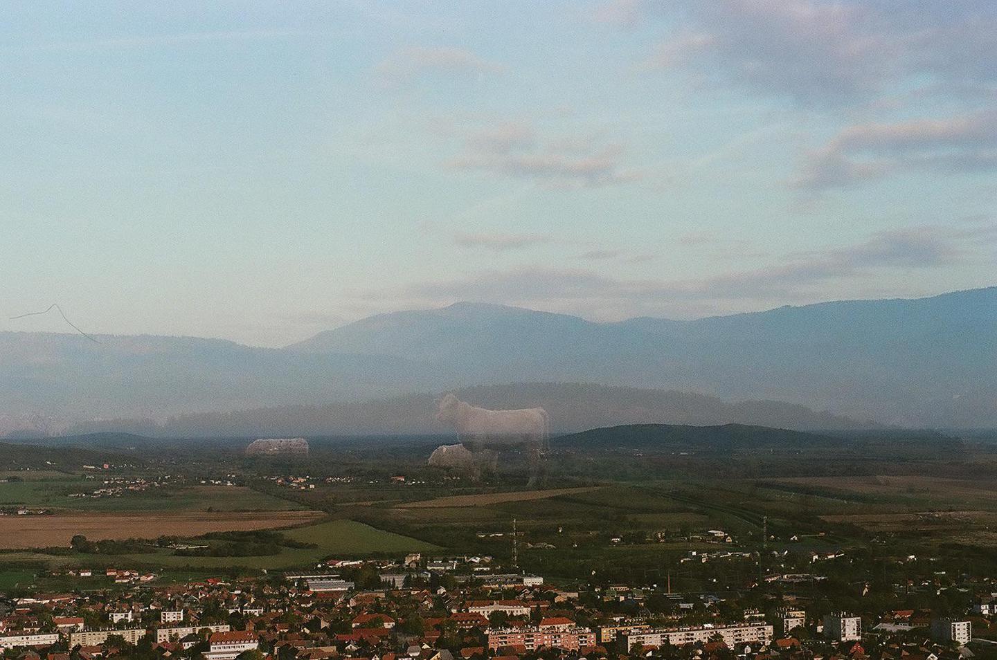 A double exposure shows a cow superimposed over a landscape with a town in the foreground and mountains in the background.